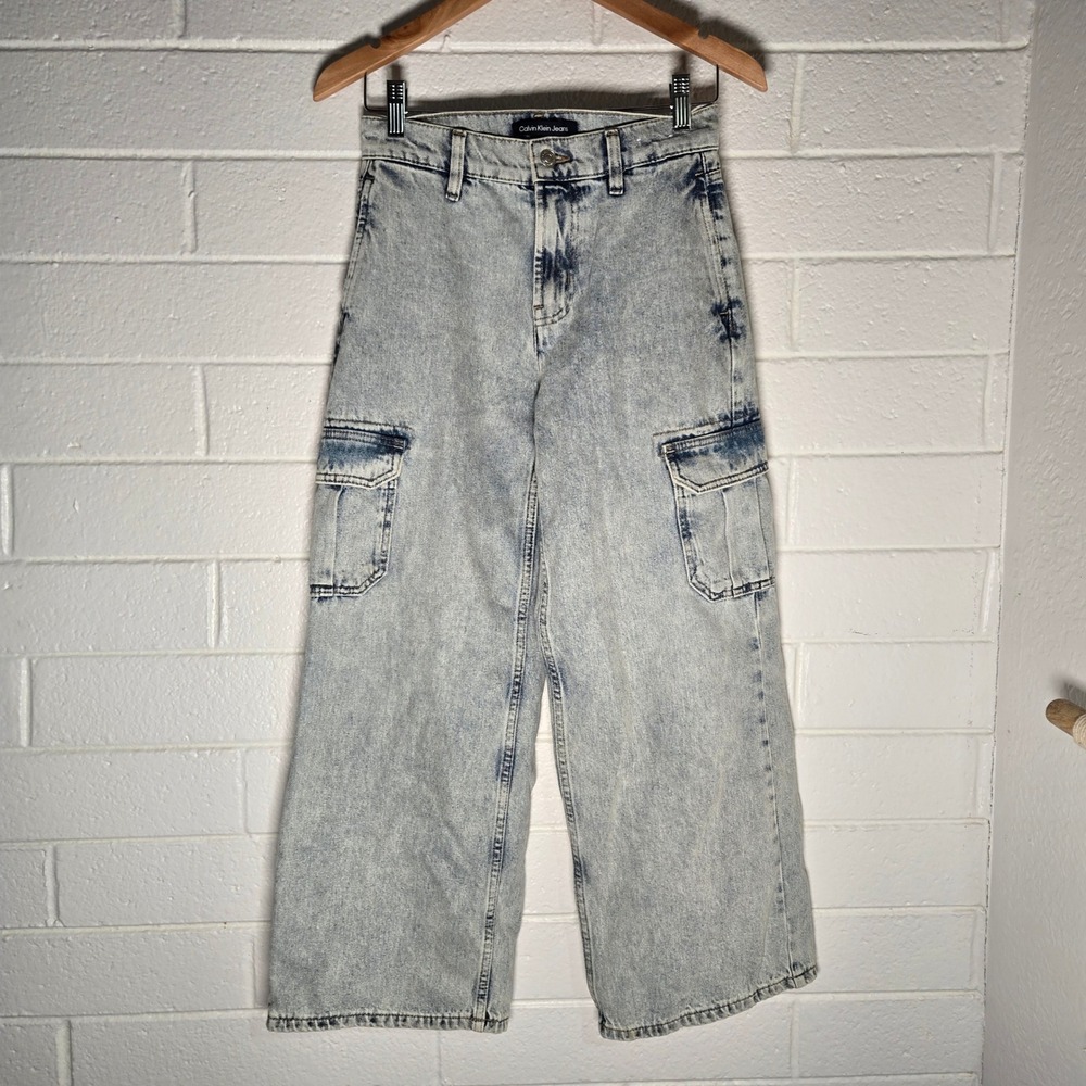 Calvin Klein Jeans‎ Cargo 25 Petite Super High Rise Wide Leg Acid Wash Denim Y2K